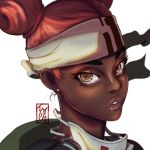  1girl 2019 apex_legends artist_name backpack bag bare_shoulders brown_eyes charles_vaughn commentary dark_skin dated double_bun earrings eyebrows eyelashes face headband highres jewelry lifeline_(apex_legends) lips mask_around_neck nose red_hair simple_background stud_earrings teeth white_background 