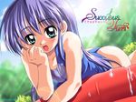  :d bent_over child flat_chest green_eyes light_rays long_hair looking_at_viewer one-piece_swimsuit open_mouth original purple_hair school_swimsuit smile sorimura_youji sunbeam sunlight swimsuit wading_pool water watermark 