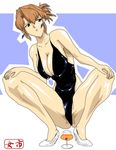  agent_aika big_breasts breasts brown_hair cleavage drink high_cut high_cut_swimsuit high_heels large_breasts lipstick makeup one-piece_swimsuit short_hair skin_tight spread_legs squatting sumeragi_aika swimsuit 