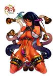  bare_shoulders black_hair bracelet breasts choker cleavage codpiece dark_skin f.s. fishnet_legwear fishnets gradient_hair green_eyes jewelry large_breasts lunaluna_(queen's_blade) midriff multicolored_hair navel nipples pearl_thong queen's_blade queen's_blade_rebellion revealing_clothes sandals smile solo thighhighs underboob 