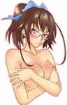  blush breast_hold breasts brown_hair covering covering_breasts frown glasses hands kikaijima_mogana large_breasts medaka_box nude ponytail purple_eyes solo touryou upper_body 