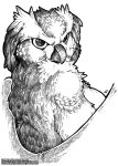  2019 anthro avian black_and_white feathered_wings feathers female horned_owl looking_back monochrome o-kemono solo wings 