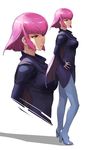  blue_legwear breasts cape dress enami_katsumi gundam haman_karn hand_on_hip legs lips medium_breasts pantyhose pink_eyes pink_hair shadow shiny shiny_hair short_hair sidelocks simple_background solo zeta_gundam zoom_layer 