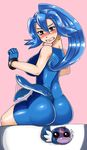  ass blue_eyes blue_hair blush dratini earrings from_behind gen_1_pokemon gloves ibuki_(pokemon) jewelry kitsune-tsuki_(getter) long_hair pokemon pokemon_(creature) ponytail skin_tight teeth unitard 
