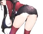  1girl ass bent_over black_hair blurry blush commentary_request danganronpa from_behind hair_ornament harukawa_maki kiyomasa_(dangan) long_hair long_sleeves looking_at_viewer low_twintails miniskirt new_danganronpa_v3 panties plaid plaid_skirt pleated_skirt red_eyes red_legwear red_scrunchie red_shirt school_uniform scrunchie serafuku shirt simple_background skirt solo thighhighs twintails underwear very_long_hair wavy_mouth white_background white_panties 