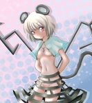  animal_ears ao_usagi arms_behind_back breasts capelet closed_mouth embarrassed hole jewelry medium_breasts mouse_ears mouse_tail nazrin nipple_slip nipples no_panties pendant see-through short_hair silver_hair skirt solo tail touhou 