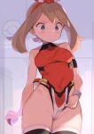  1girl adapted_costume bare_shoulders black_thighhighs blush bracelet breasts brown_hair grey_eyes hairband highleg highleg_leotard highres holding holding_poke_ball jewelry leotard may_(pokemon) medium_breasts poke_ball poke_ball_(basic) pokemon pokemon_(game) pokemon_oras red_hairband red_leotard short_hair sleeveless solo spring2013 thighhighs thighs 