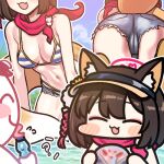  1girl :3 :d animal_ears arona&#039;s_sensei_doodle_(blue_archive) ass bikini blue_archive blue_shorts blush_stickers breasts brown_hair chibi denim denim_shorts fang fox_ears fox_girl fox_tail holding izuna_(blue_archive) jazz_jack lowres medium_breasts micro_shorts multiple_views navel open_mouth red_scarf scarf sensei_(blue_archive) short_hair shorts smile striped striped_bikini swimsuit tail thighs visor_cap 