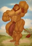  2022 4_fingers 4_toes abs anthro areola biceps big_penis biped digital_media_(artwork) disney feet felid fingers gabgbb genitals half-erect hands_behind_head hi_res huge_penis hyper hyper_genitalia hyper_penis lion male mammal mufasa narrowed_eyes navel nipples pantherine pecs penis quads solo the_lion_king thick_thighs toes triceps vein veiny_penis wide_hips 