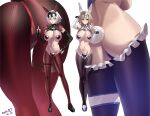  2girls alternate_costume animal_ears ass bangs blonde_hair blue_eyes blush breasts covered_nipples fake_animal_ears fate/apocrypha fate/grand_order fate_(series) frontless_outfit grey_hair headpiece heart_maebari heart_pasties highres jeanne_d&#039;arc_(fate) jeanne_d&#039;arc_(ruler)_(fate) jeanne_d&#039;arc_alter_(avenger)_(fate) jeanne_d&#039;arc_alter_(fate) kurozawa_yui large_breasts latex latex_legwear long_hair looking_at_viewer maebari meme_attire multiple_girls multiple_views navel pasties rabbit_ears revealing_clothes reverse_bunnysuit reverse_outfit short_hair stomach wrist_cuffs yellow_eyes 