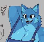  anthro blue_body blue_fur breasts canid clothing cropped female fur hi_res mammal overalls ramenshopkenz smile solo toodee 