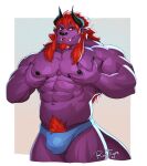  abs absurd_res anthro behemoth_(ff) big_muscles bulge clothed clothing facial_hair fangs final_fantasy fur goatee hair hi_res horn long_hair looking_at_viewer male muscular muscular_anthro muscular_male pecs pubes purple_body purple_fur raytig12 red_eyes red_hair simple_background solo square_enix standing teeth underwear underwear_only 