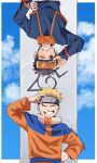  2boys black_hair blonde_hair blue_sky closed_eyes commentary commentary_request facial_mark forehead_protector goggles hand_on_hip highres insignia long_sleeves looking_at_viewer male_focus multiple_boys naruto naruto_(series) ninja one_eye_closed pnpk_1013 short_hair sky smile spiked_hair teeth uchiha_obito uzumaki_naruto whisker_markings 