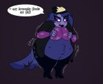  anthro avian big_breasts bird blueberry_inflation blush breasts coleman12345 english_text exposed_belly female helluva_boss hi_res holding_breast huge_belly inflation navel octavia_(helluva_boss) owl owl_demon puffed_cheeks slosh solo sound_effects speech_bubble text thick_thighs wide_hips 