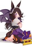  1girl absurdres animal_ears bangs barefoot bat_wings brown_hair frilled_hairband frills gloves hair_over_one_eye hairband halloween halloween_costume hermityy high-waist_skirt highres horse_ears horse_girl kneeling long_bangs long_hair make_up_in_halloween!_(umamusume) official_alternate_costume open_mouth purple_eyes purple_gloves purple_hairband purple_skirt purple_wings rice_shower_(make_up_vampire!)_(umamusume) rice_shower_(umamusume) shirt skirt soles solo umamusume white_shirt wings 