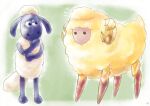  1boy commentary_request crossover dumuzid_(fate) fate/grand_order fate_(series) half-closed_eye hand_on_own_chin horns lo_lis no_humans shaun_the_sheep sheep sheep_horns signature thinking wallace_and_gromit 