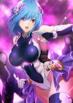  1girl armband blue_hair breasts commentary_request covered_nipples elbow_gloves fighting_stance gloves hair_ornament highres large_breasts leotard onigirikun original red_eyes short_hair skindentation thighhighs 