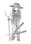  1girl :t blush boots farmer full_body gloves greyscale hat highres holding holding_stick kilsturgeon long_hair monochrome overalls pole shears shimeji_simulation simple_background solo stick the_gardener_(shimeji_simulation) very_long_hair white_background 