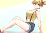  1girl arm_support bangs bare_arms blonde_hair blue_eyes blush breasts cleavage commentary_request eyelashes from_side highres knees looking_to_the_side misty_(pokemon) navel open_mouth pokemon pokemon_(anime) pokemon_(classic_anime) redesim shiny_skin shirt shoes short_hair short_shorts shorts side_ponytail sitting sleeveless sleeveless_shirt sneakers solo suspenders yellow_shirt 