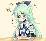  1girl aqua_eyes bangs black_ribbon black_serafuku blue_neckerchief blush closed_mouth detached_sleeves eating food food_on_face green_eyes green_hair hair_between_eyes hair_ornament hair_ribbon hairclip heart highres holding holding_spoon kantai_collection kujira_naoto long_hair neckerchief omelet omurice parted_bangs ponytail ribbon school_uniform serafuku sidelocks smile solo spoon thought_bubble tongue tongue_out upper_body yamakaze_(kancolle) yellow_background 