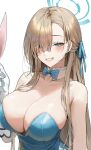  1girl asuna_(blue_archive) asuna_(bunny)_(blue_archive) bangs bare_shoulders blue_archive blue_bow blue_bowtie blue_leotard blue_ribbon bow bowtie breasts cleavage collar detached_collar elbow_gloves eyes_visible_through_hair gloves grin hair_over_one_eye hair_ribbon half_updo halo highres large_breasts leotard light_brown_hair looking_at_viewer meoyo mole mole_on_breast official_alternate_costume ribbon sidelocks simple_background smile solo strapless strapless_leotard unfinished upper_body white_background white_collar white_gloves 