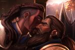  2boys absurdres armor bara beard brown_hair couple dark-skinned_male dark_skin dragon_age dragon_age_absolution dwarf earrings facial_hair french_kiss from_side goatee hand_on_another&#039;s_neck hava_(haverdoodles) highres interracial jewelry kiss lacklon_(dragon_age) long_beard male_focus mature_male multiple_boys roland_(dragon_age) sunlight thick_eyebrows undercut upper_body yaoi 