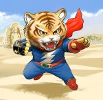  belt bodysuit cape chibi colored_sclera desert egypt fangs fingerless_gloves furry gloves highres misogram oasis open_mouth red_cape red_footwear red_gloves sharp_teeth striped_fur takigawa_go teeth tetsujin_tiger_seven tiger yellow_sclera 