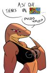  anthro blush bra breasts claws clothing dialogue fangs female gonda hi_res hot_wheels mattel medium_breasts muscular red_eyes reptile scalie simple_background smile snake solo spanish_text talking_to_viewer teeth text translated underwear 