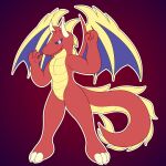  absurd_res anthro claws dragon falkor_(pwmtstar) hi_res horn male purple_eyes pwmtstar_(artist) red_body scales solo white_eyes wings yellow_body yellow_scales 