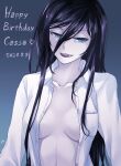  1girl black_blood_brothers black_hair black_lips breasts cassandra_jill_warlock commentary_request dated fang gradient_background green_eyes happy_birthday highres lo_lis long_hair medium_breasts no_bra open_clothes open_shirt pale_skin parted_lips shirt signature smile solo upper_body 