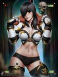  1girl adeptus_astartes armor bangs bikini_armor black_eyes black_hair black_legion breasts cleavage closed_mouth fur_collar gauntlets hair_over_one_eye highres lips long_hair long_sleeves looking_at_viewer mole mole_above_mouth navel pauldrons servo-skull shoulder_armor smile solo space_marine stomach themaestronoob topknot viewfinder warhammer_40k 