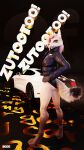  3d_(artwork) anthro blender_(software) canid canine canis claws clothed clothing digital_media_(artwork) english_text female ford ford_mustang fox fur hair hi_res impreza jacket male mammal multicolored_body outside pink_hair simple_background solo tan_body tan_fur text topwear tridognait vehicle 