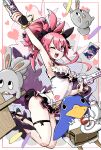  arm_up bird bracelet breasts cup disgaea dual_wielding gun hanimitsu_(bisko) heart highres holding holding_gun holding_plate holding_weapon jewelry makai_senki_disgaea_5 midriff miniskirt nail_polish navel one_eye_closed open_mouth penguin photo_(object) pink_hair plate ponytail prinny purple_eyes rabbit seraphina_(disgaea) skirt tea teacup teapot teeth thigh_strap upper_teeth_only weapon 