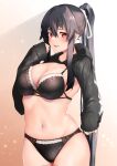  1girl alternate_costume black_bra black_hair black_panties black_sweater bra breasts cleavage commentary_request hair_ribbon highres kantai_collection long_hair panties ponytail red_eyes ribbon sidelocks sleeves_past_wrists solo sweater underwear white_ribbon yahagi_(kancolle) z_(knkr1025) 