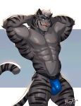  abs absurd_res anthro biceps big_muscles blue_eyes bulge felid fur grey_body grey_fur hair hands_behind_head hi_res jockstrap_on looking_at_viewer male mammal muscular muscular_anthro muscular_male nipples open_mouth pantherine pecs pose raytig12 smmile solo standing striped_body striped_fur stripes tiger white_hair 