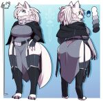  absurd_res anthro armor belt big_breasts big_butt blue_eyes breasts butt canid canine canis cloak clothed clothing female fur gauntlets gloves hair handwear hi_res huge_breasts ivory_(trinity-fate62) legwear mammal model_sheet neck_tuft solo thick_thighs thigh_highs trinity-fate62 tuft white_body white_fur white_hair wide_hips wolf 