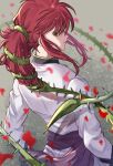  1boy falling_petals from_behind green_eyes highres kurama_(yu_yu_hakusho) long_hair long_sleeves looking_at_viewer looking_back male_focus petals plant ponytail red_hair shirt sidelocks solo thorns tomaton_(t_0) upper_body vines white_shirt yu_yu_hakusho 