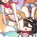  1girl :3 :d animal_ears ass bikini blue_archive blue_shorts blush_stickers breasts brown_hair chibi denim denim_shorts fang fox_ears fox_girl fox_tail holding izuna_(blue_archive) jazz_jack lowres medium_breasts micro_shorts multiple_views navel open_mouth red_scarf scarf short_hair shorts smile striped striped_bikini swimsuit tail thighs visor_cap 