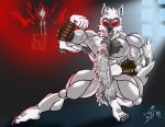  abs absurd_res anthro biceps bodily_fluids bulge canid canine canis cum death_(puss_in_boots) erection feet fur genital_fluids genitals grey_body grey_fur hi_res humanoid lobo_serchwolf male male/male mammal muscular muscular_male nude paws pecs penis precum shirtless smile solo wolf 