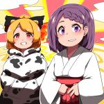  2girls alternate_costume animal_print black_bow black_survival blonde_hair blush bow braid braided_bangs breasts chinese_zodiac commentary_request cow_print cowboy_shot crossover flat_chest grin hair_bow hair_bun hakama hakama_skirt highres hood hoodie huge_breasts hyejin_(black_survival) japanese_clothes kimono kurodani_yamame looking_at_viewer medium_hair multiple_girls print_hoodie purple_eyes purple_hair red_eyes red_hakama rinyamame skirt slit_pupils smile sunrise touhou white_kimono year_of_the_ox 