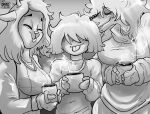  2022 anthro antlers big_breasts blush boop breasts buckteeth capreoline clothed clothing coffee_cup container cup deer deltarune female friends group hair hi_res horn human kris_(deltarune) male mammal monochrome noelle_holiday reindeer reptile scalie simple_background smile steam susie_(deltarune) teeth thedarkzircon tongue tongue_out trio undertale_(series) 