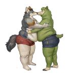  2020 alpaca anthro barefoot belly belly_squish briefs briefs_only camelid canid canine canis cettus clothed clothing coyote duo embrace eyes_closed fat_grab fat_rolls feet fur green_body green_fur grey_body grey_fur hi_res kissing male male/male mammal overweight overweight_anthro overweight_male side_view simple_background squish standing topless torn_clothing torn_underwear underwear underwear_only white_background white_body white_fur 