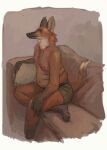  2020 anthro barefoot belly briefs briefs_only canid canine canis cettus clothed clothing crossed_legs feet fur furniture hand_on_knee hand_on_leg hi_res leggy_(cettus) male mammal maned_wolf moobs orange_body orange_fur overweight overweight_anthro overweight_male pillow side_view sitting sofa solo topless underwear underwear_only wolf 