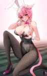  1girl animal_ears avatar_(ff14) bangs black_leotard blush bow bowtie breasts chitose_mame cleavage detached_collar final_fantasy final_fantasy_xiv highres large_breasts leotard looking_at_viewer miqo&#039;te pink_bow pink_bowtie pink_eyes pink_hair playboy_bunny rabbit_ears solo strapless strapless_leotard 