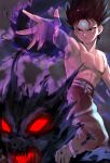  1boy aura belt black_fire black_hair black_pants dark_aura dragon fire hiei_(yu_yu_hakusho) highres long_hair male_focus outstretched_hand pants parted_lips solo spiked_hair third_eye tomaton_(t_0) topless_male white_belt yu_yu_hakusho 