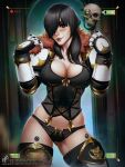  1girl adeptus_astartes armor bangs black_bra black_eyes black_hair black_legion black_panties bra breasts cleavage closed_mouth fur_collar gauntlets hair_over_one_eye highres lingerie lips long_hair long_sleeves looking_at_viewer mole mole_above_mouth navel panties pauldrons servo-skull shoulder_armor smile solo space_marine stomach themaestronoob underwear viewfinder warhammer_40k 