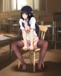  1girl black_hair blurry blurry_background breasts brown_thighhighs chair classroom full_body hibike!_euphonium highres indoors kousaka_reina large_breasts legs long_hair looking_at_viewer no_pants no_shoes panties parted_lips partially_unbuttoned purple_eyes purple_panties sbel02 shirt sitting skindentation solo thighhighs thighs toes underwear white_shirt 