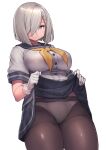  1girl absurdres black_pantyhose blue_eyes blush breasts buttons closed_mouth clothes_lift collarbone cowboy_shot gloves grey_hair grey_sailor_collar grey_skirt hair_ornament hair_over_one_eye hairclip hamakaze_(kancolle) highres kantai_collection large_breasts lifted_by_self neckerchief panties panties_under_pantyhose pantyhose pleated_skirt sailor_collar school_uniform serafuku short_hair siesta_(artist) simple_background skirt skirt_lift solo underwear white_background white_gloves white_panties yellow_neckerchief 