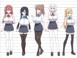  5girls ahoge akitokage black_hair black_thighhighs blonde_hair blue_bow bow braid breasts brown_eyes brown_footwear brown_hair clenched_hands green_eyes hair_ornament hairclip hand_on_own_chest height_chart large_breasts legs multiple_girls nozomi_(akitokage) original pantyhose plaid plaid_skirt ponytail purple_eyes red_bow red_eyes red_hair school_uniform shirt skirt thighhighs white_hair white_pantyhose white_shirt 