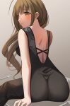  1girl ahoge ass backless_dress backless_outfit black_dress blush breasts brown_hair dress highres idolmaster idolmaster_shiny_colors kamoromance614 knife kuwayama_chiyuki light_smile long_hair looking_at_viewer looking_back medium_breasts shoulder_blades solo very_long_hair 